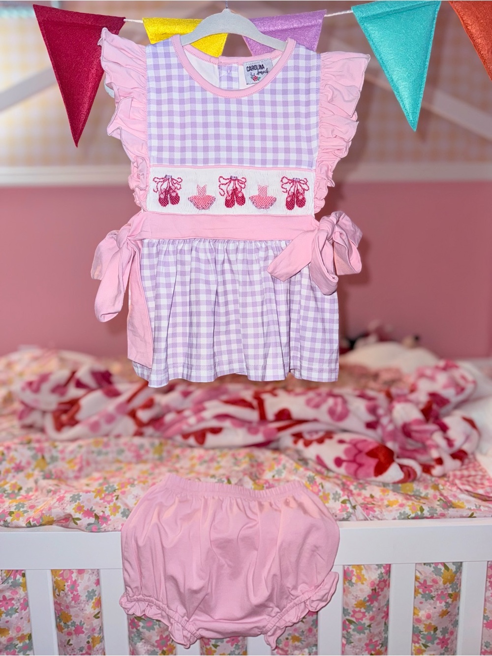 Carolina Knit Pink & Lavender Gingham Smocked Bloomer Set